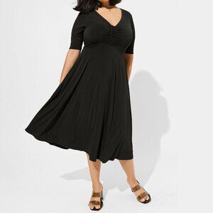 NWT Torrid 3X Solid Black Midi Studio Knit Ruched Front Stretchy Classic Dress